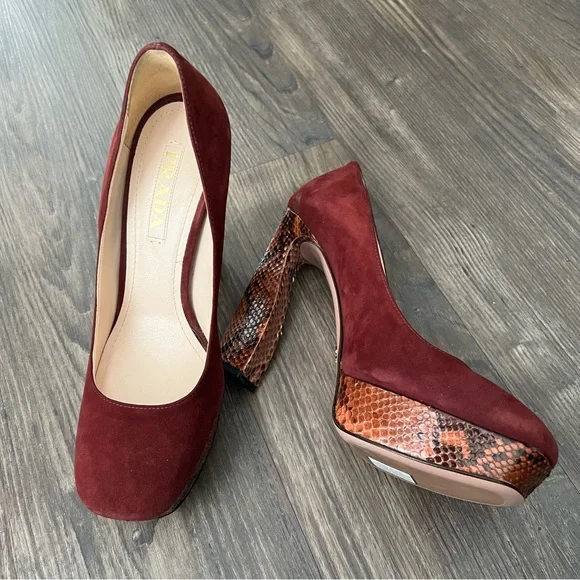 Prada NEW Authentic Burgundy Suede Platform Block Heels with Snakeskin Detail - Picture 2 of 14
